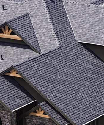 Rooftop in a newly constructed subdivision showing asphalt shingles and multiple roof lines